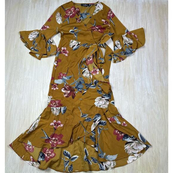Lulu's Love & Light Mustard Yellow Floral Print Midi Romantic Faux Wrap Dress XS - Picture 1 of 16